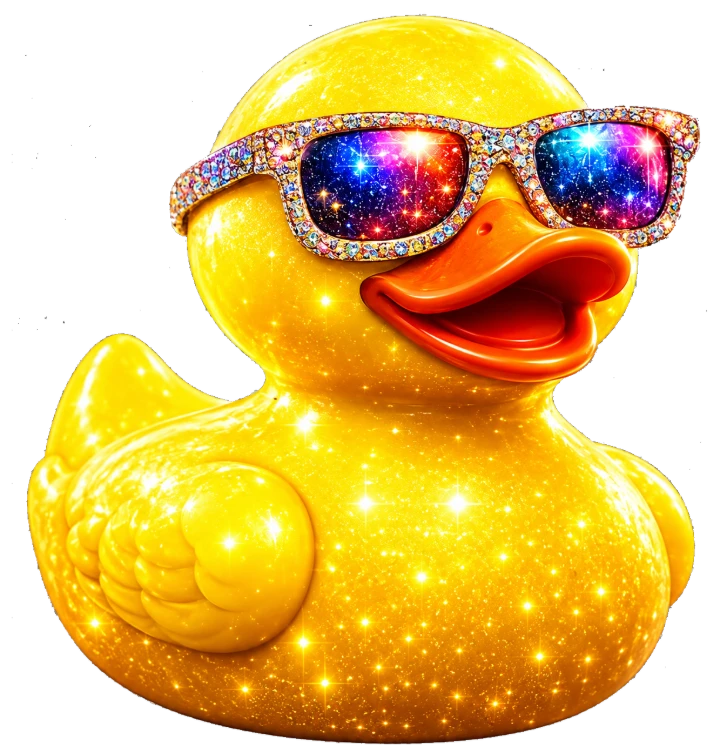Blingy, the original jeweled duck concierge, facing to the right